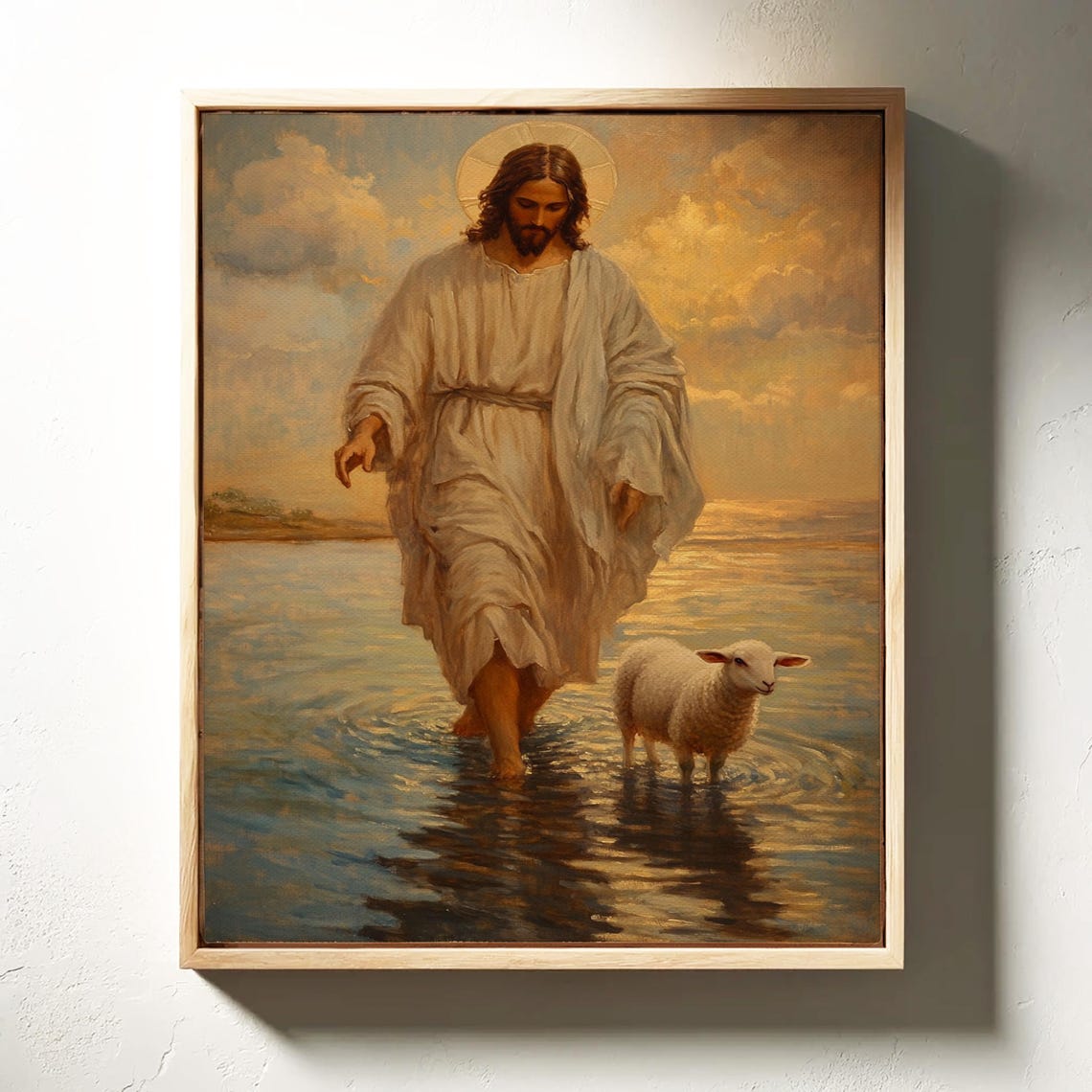 Jesus Christ With Lamb Walking on Water Golden Sky Religious Poster - Image 3