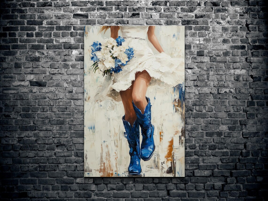 Woman White Dress Blue Cowboy Boots Wildflower Bouquet Art Poster - Image 2