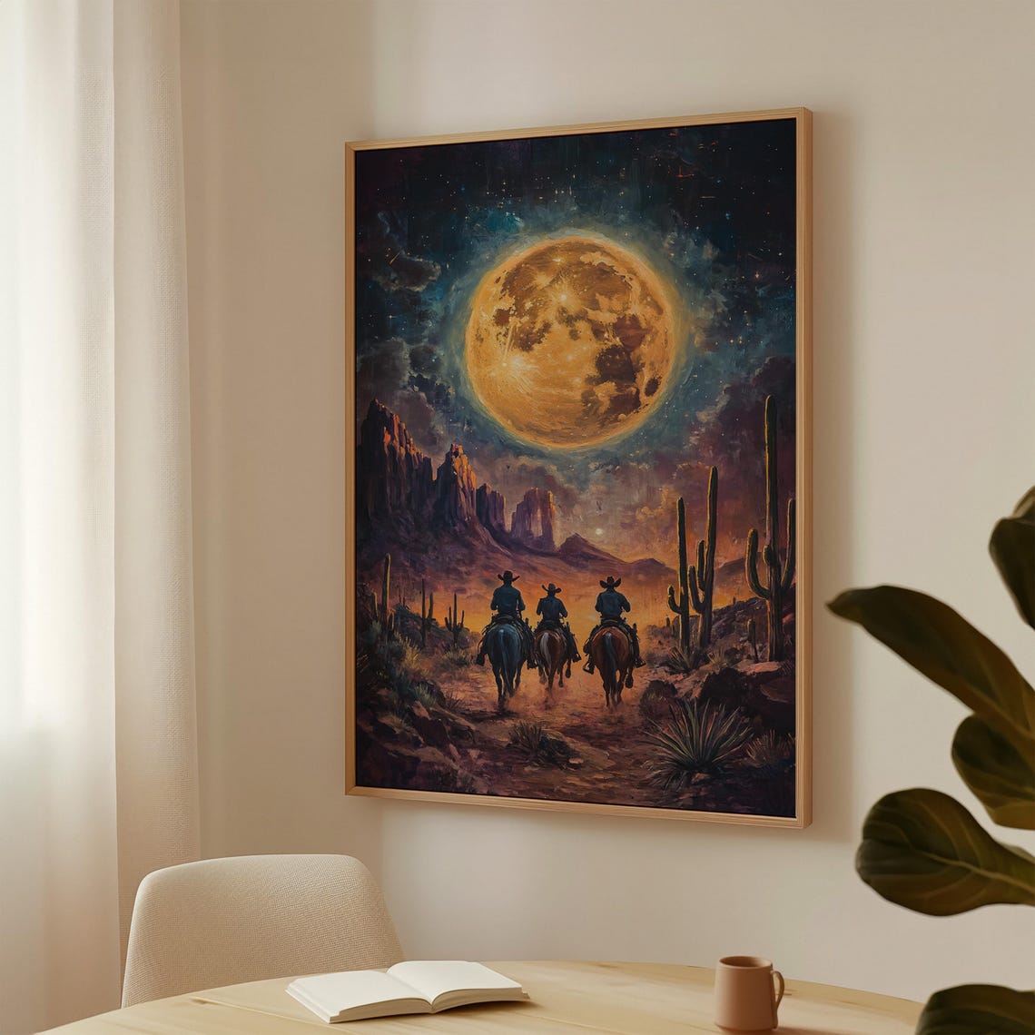 Three Cowboys Riding Toward A Giant Moon Over Desert Mesas Poster
