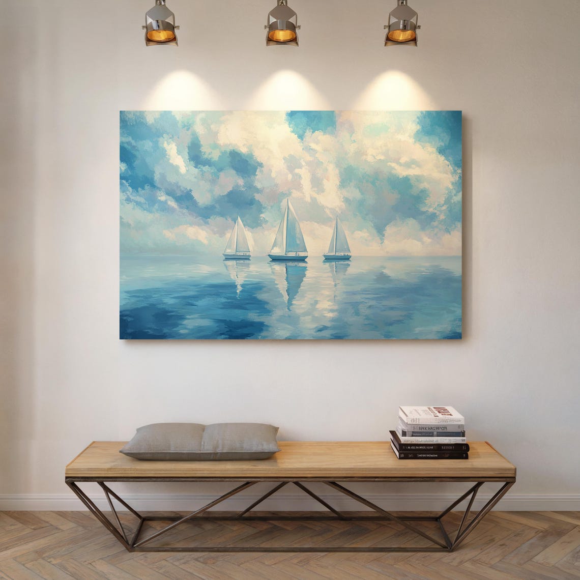 Three Sailboats On Glassy Water Under Cloudy Blue Sky Wall Poster - Image 5