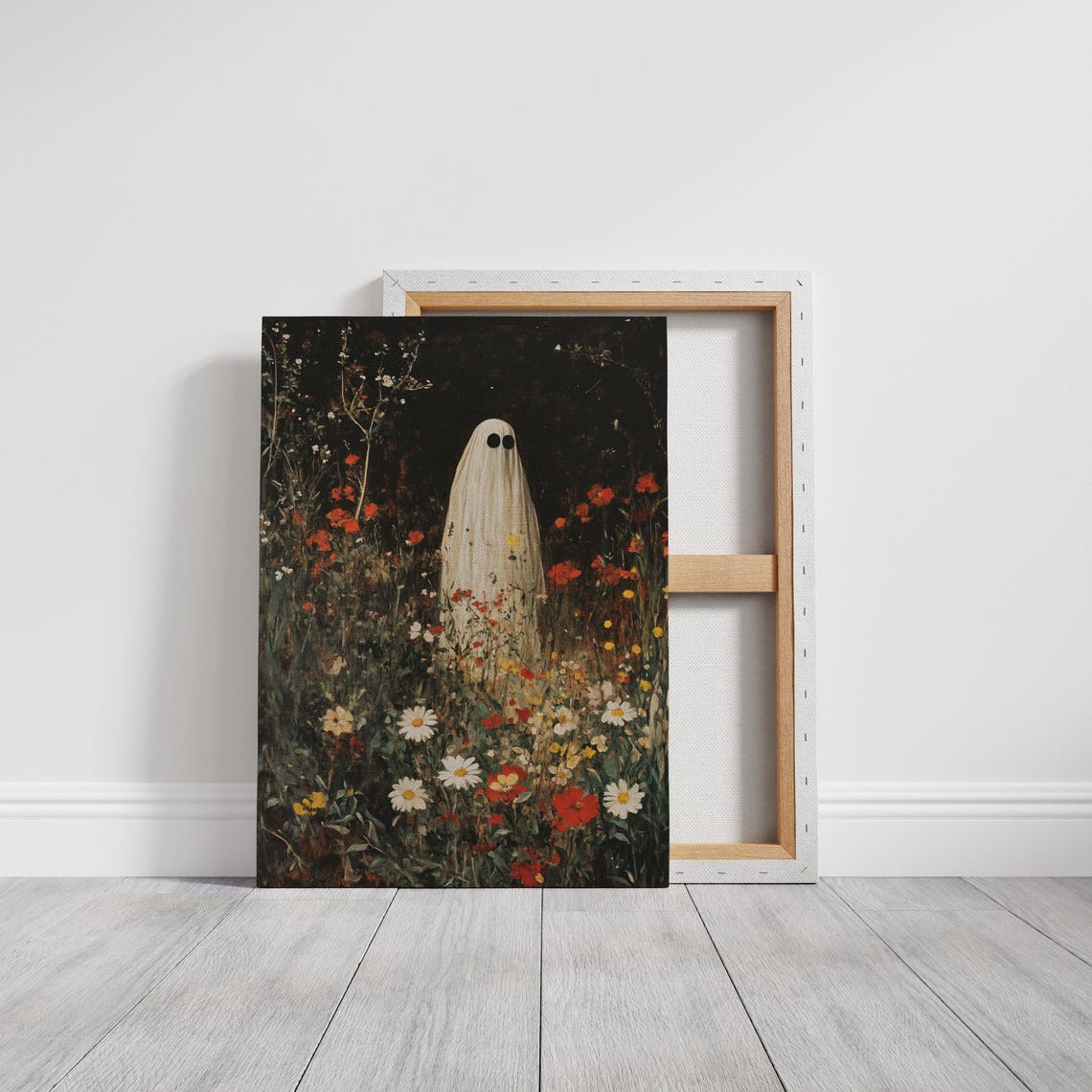 Cute Sheet Ghost Standing in a Dark Wildflower Meadow at Night Poster - Image 3