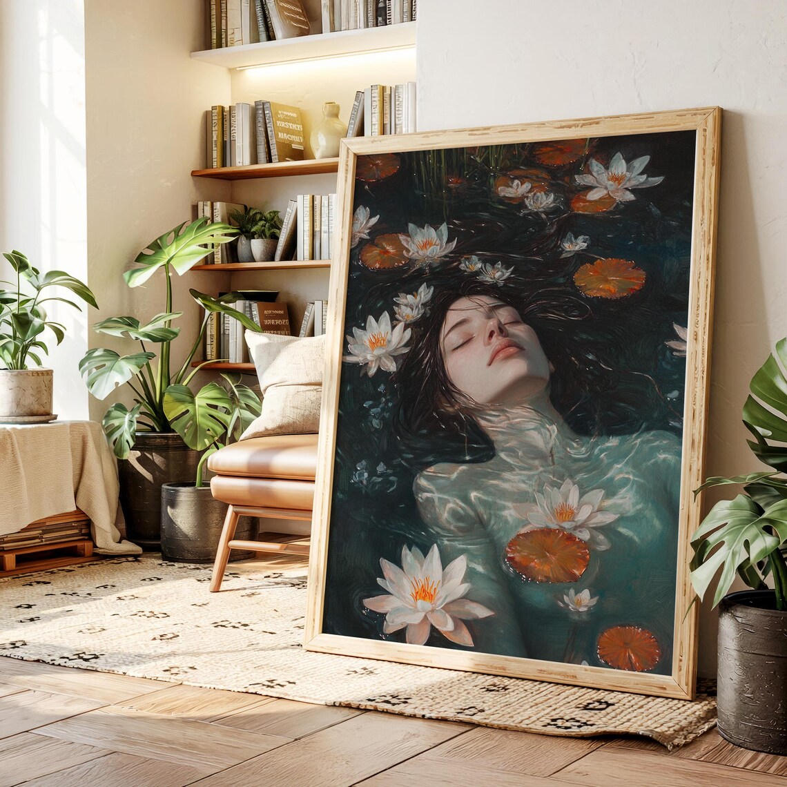 Woman Floating Among White Water Lilies Dark Romantic Art Print
