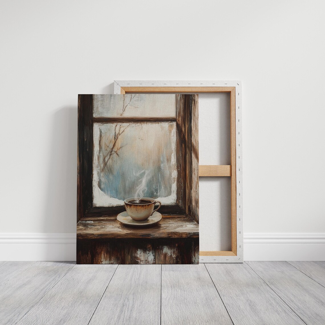 Steaming Coffee Cup on Snowy Winter Window Sill Painting Poster - Image 3