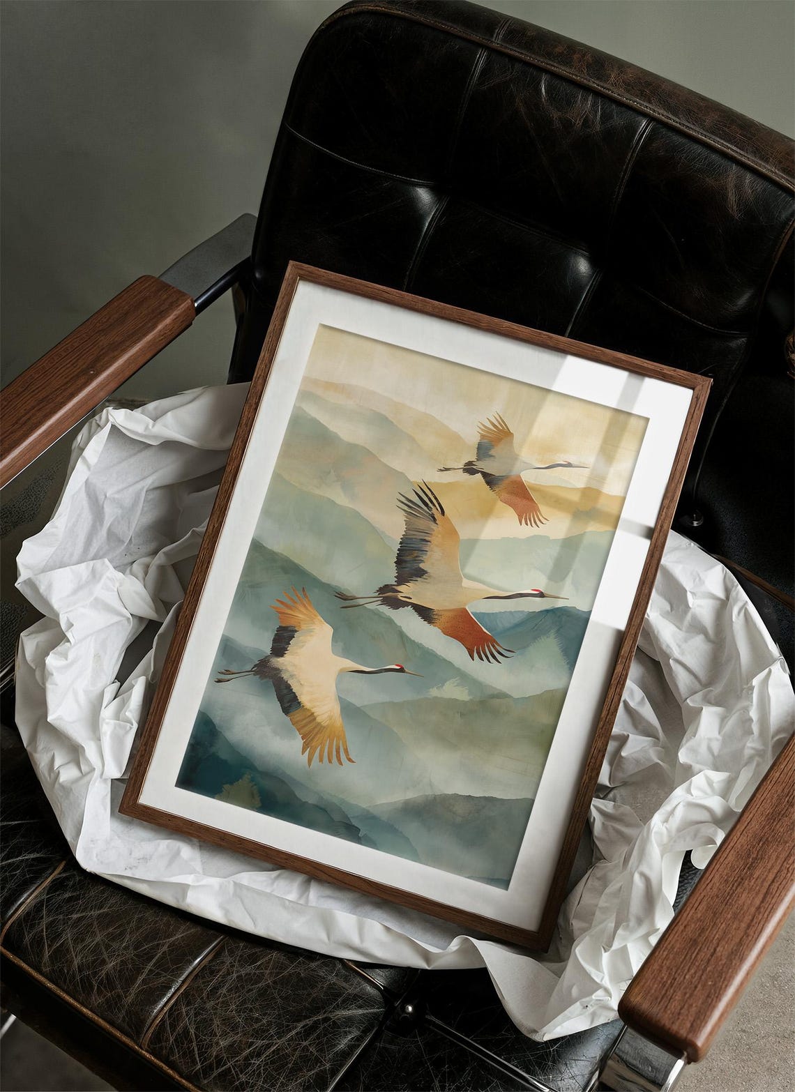 Three Cranes Flying Over Misty Mountains Watercolor Wall Art