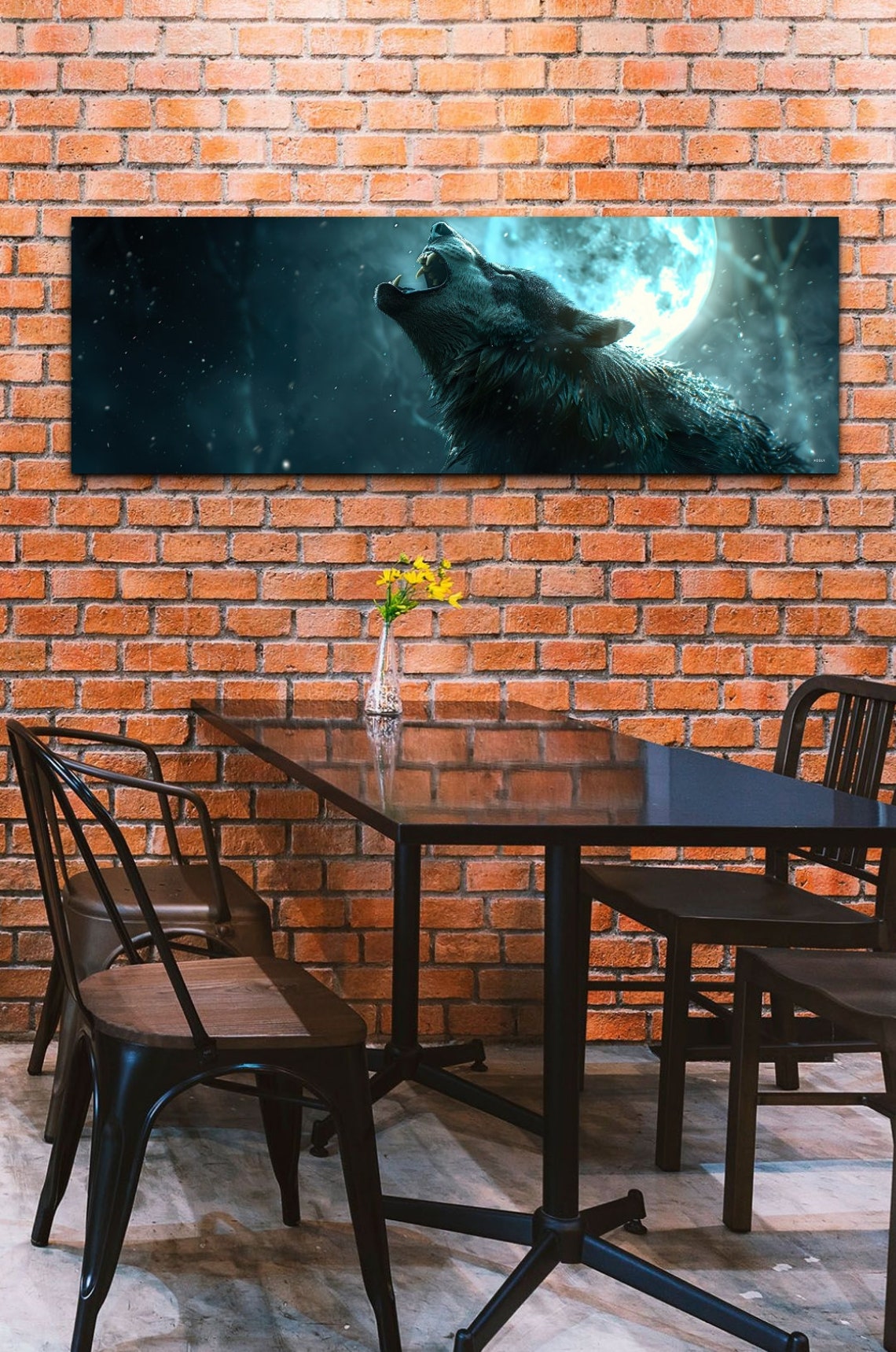 Wolf Howling at Full Moon in Teal Night Wilderness Panorama Wall Art - Image 5
