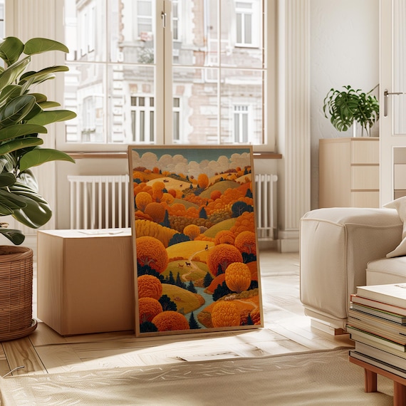 Golden Rolling Autumn Hills With River And Distant Deer Poster
