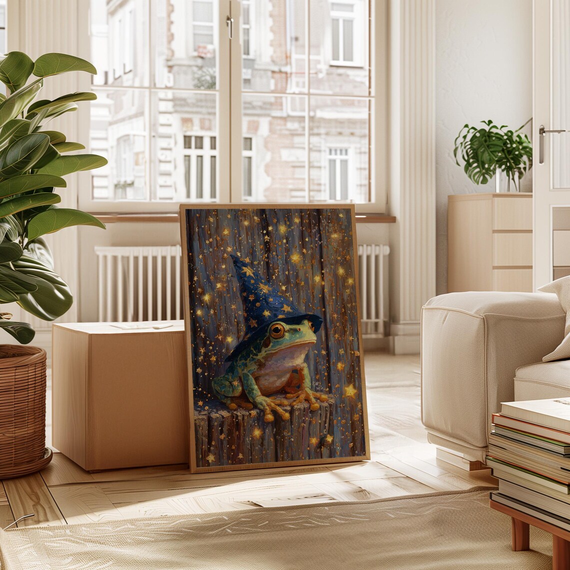 Wizard Frog In Starry Hat Under Sparkling Golden Starlight Whimsy Wall Art