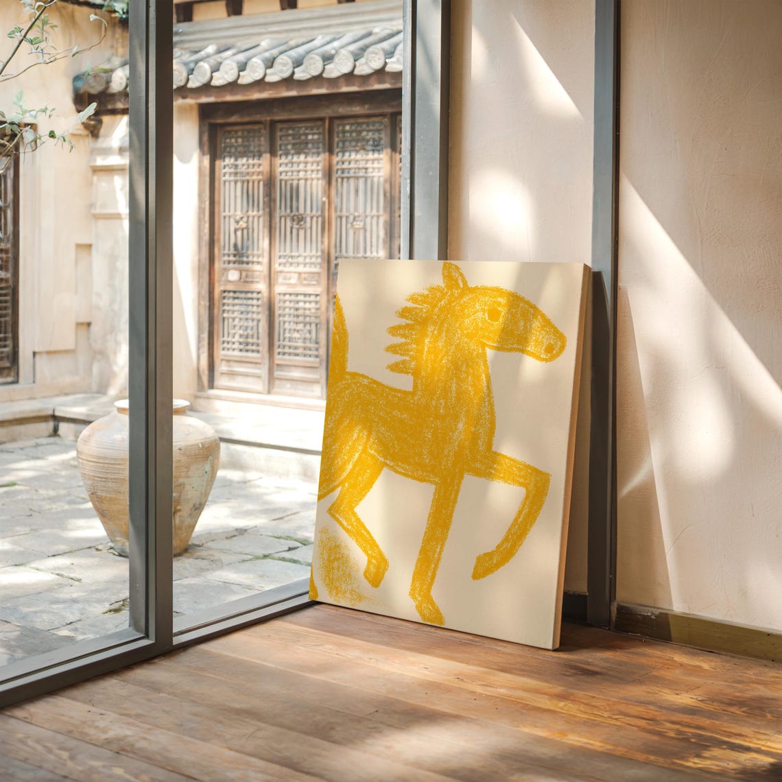 Golden Yellow Crayon Horse Folk Style Minimal Equestrian Art Poster