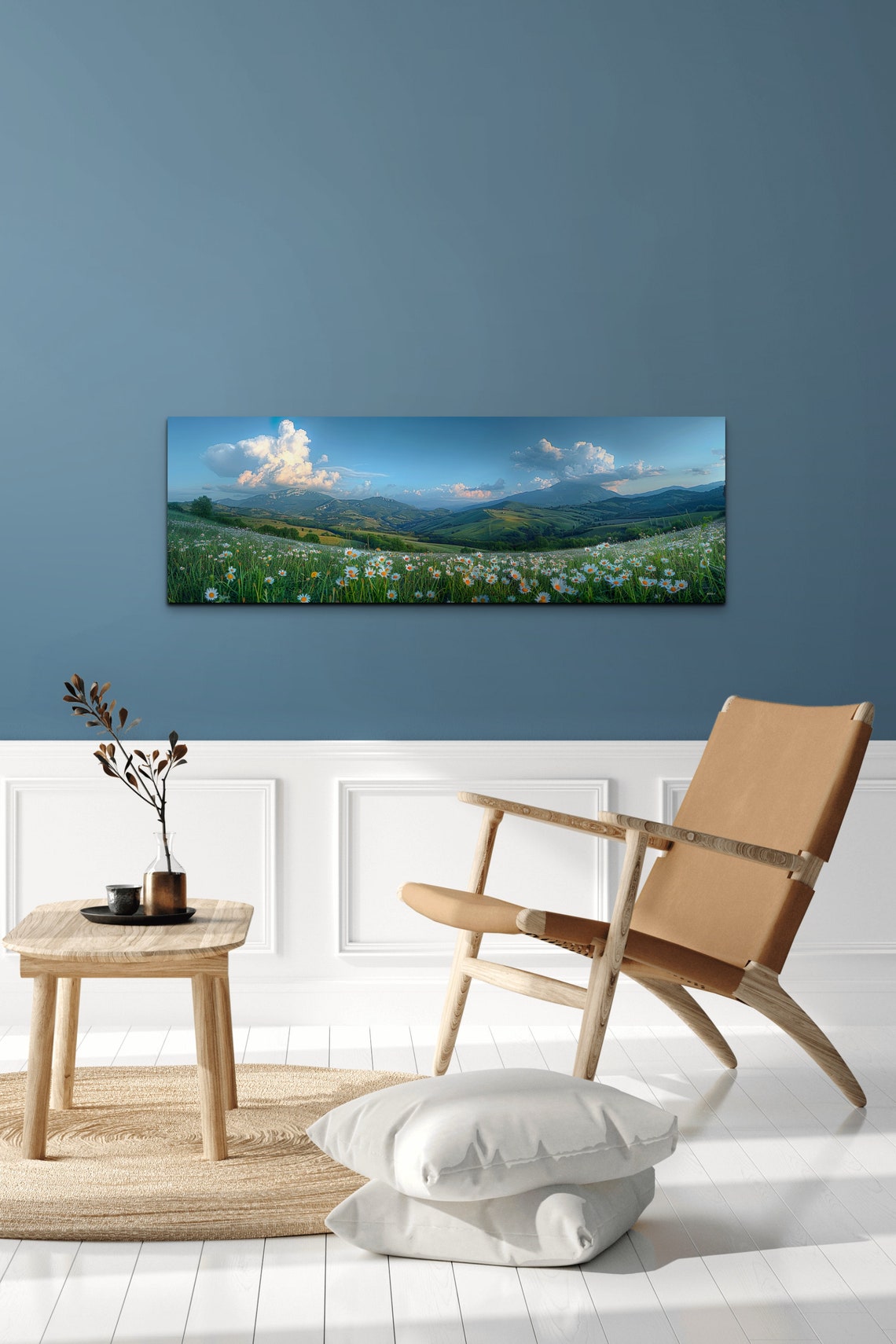 White Daisy Meadow Rolling Green Hills Mountains Dusk Panoramic Print - Image 4