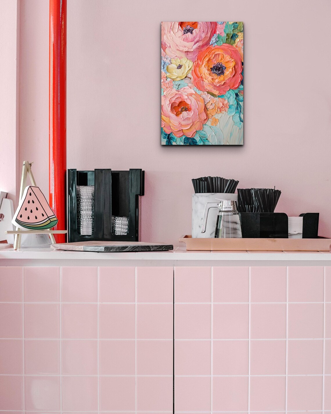 Pink Coral Ranunculus Impasto Palette Knife Floral Oil Art Poster - Image 3