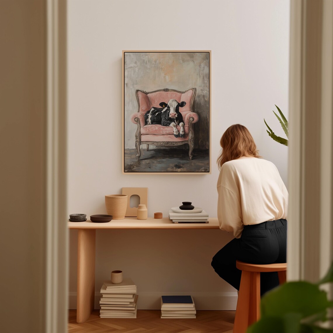 Baby Cow Calf Resting on Vintage Pink Armchair Whimsical Poster - Image 3