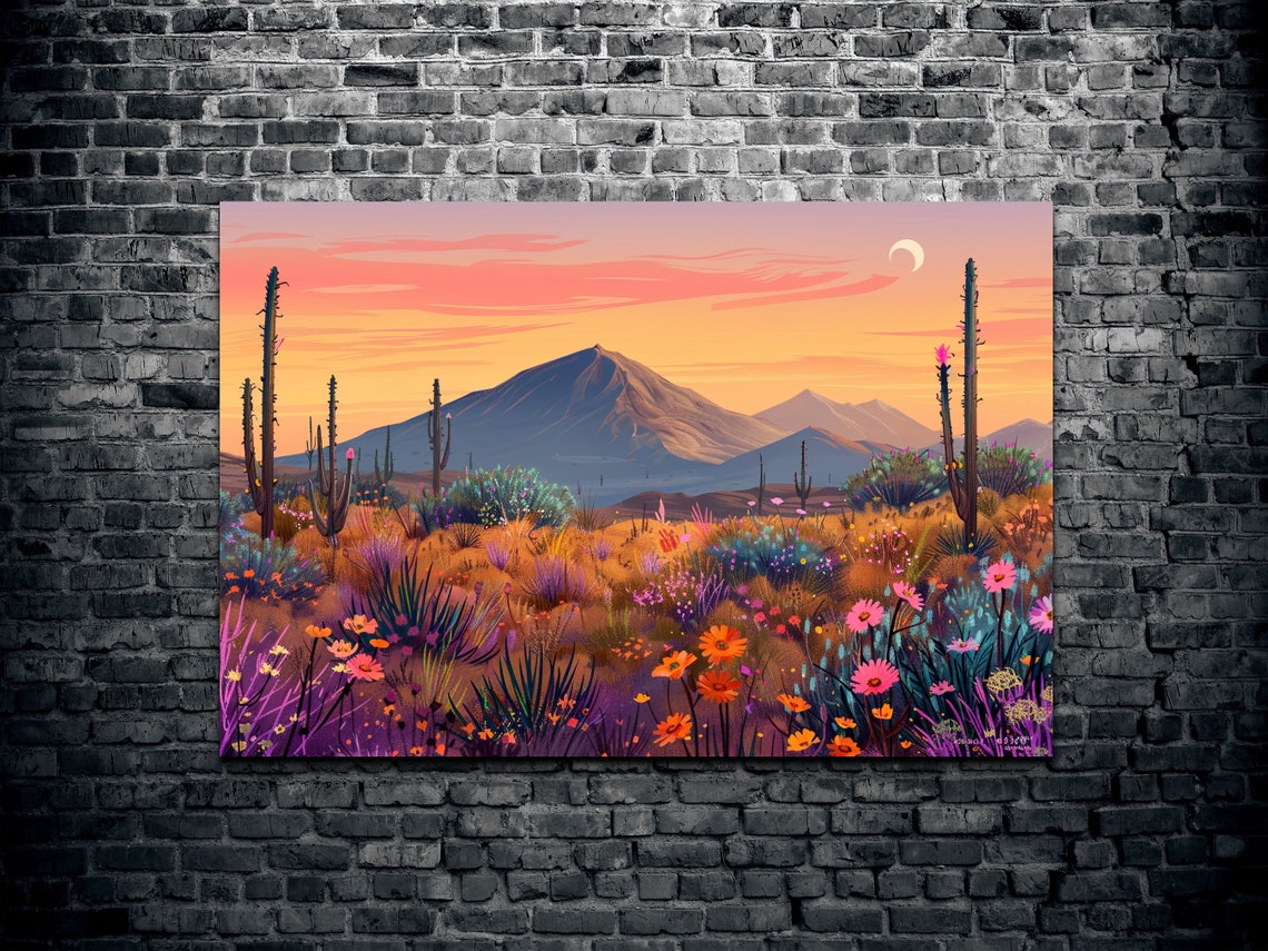 Desert Mountain Sunset Wildflower Meadow Warm Landscape Poster - Image 2