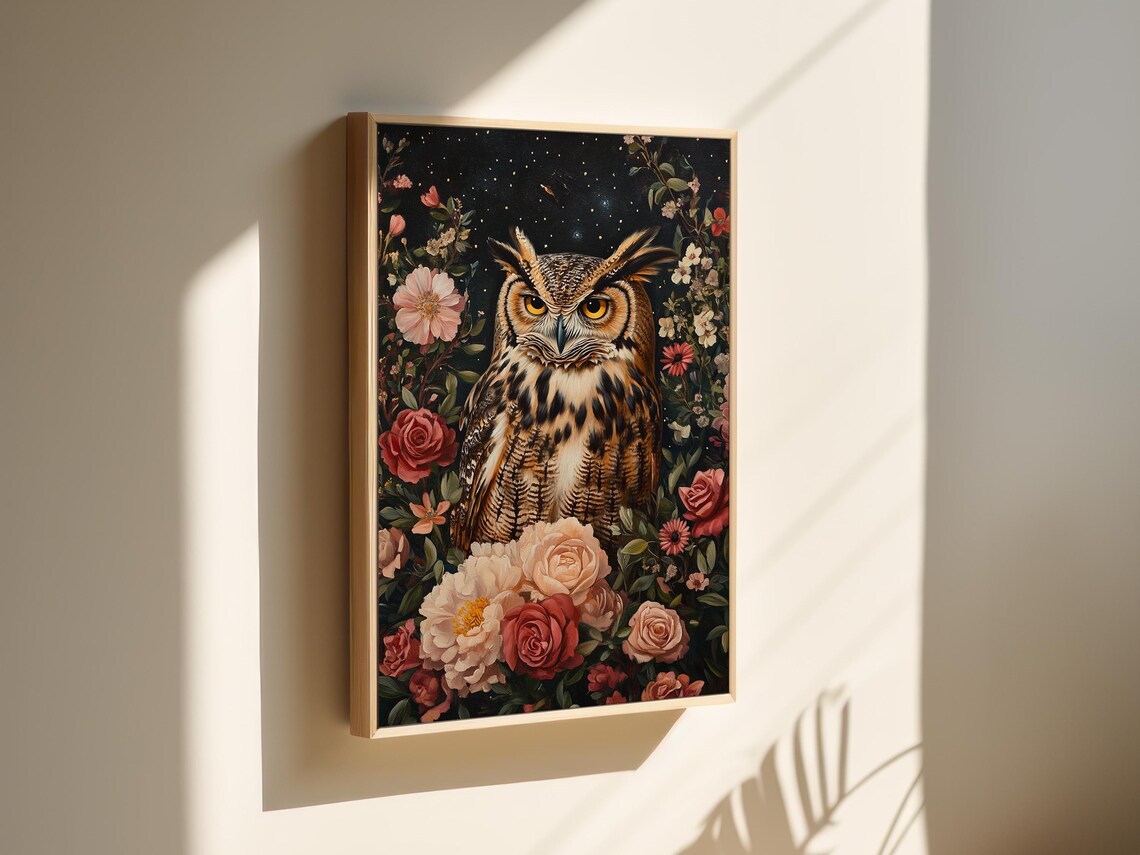 Great Horned Owl Among Vintage Roses Starry Night Botanical Wildlife Poster - Image 4