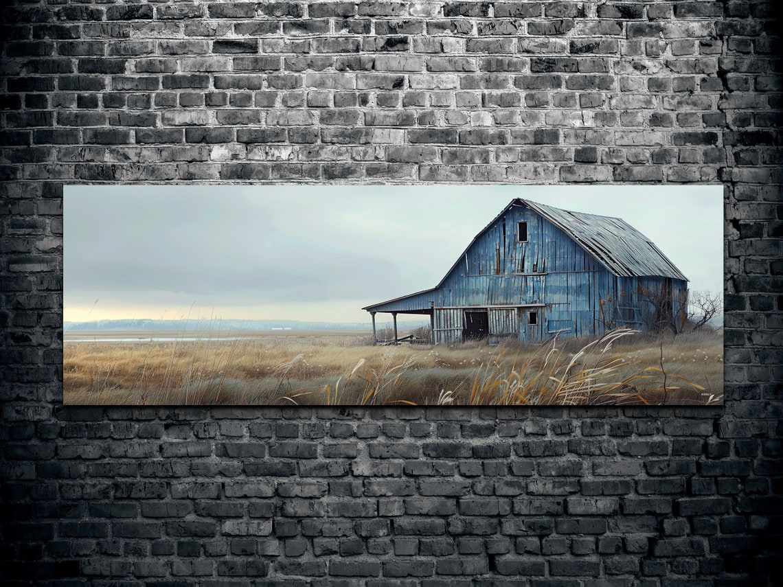 Weathered Blue Barn In Golden Field Rustic Country Art Poster - Image 2