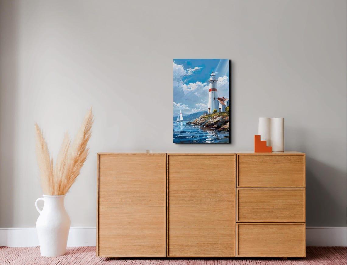 White Lighthouse With Red Band Rocky Shore Ocean Painting Poster - Image 4