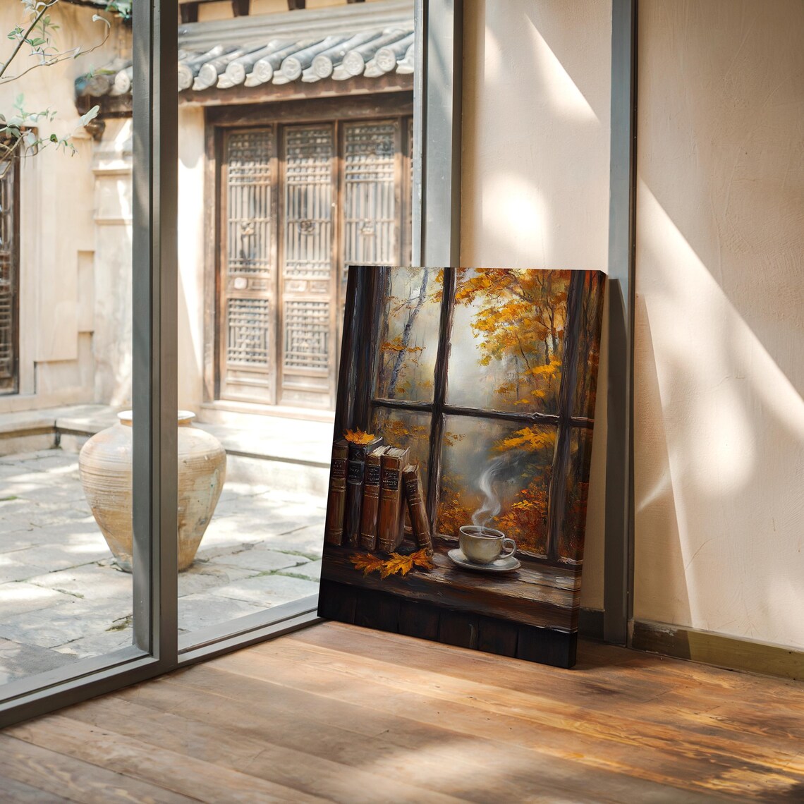 Autumn Window Scene, Cozy Coffee Rustic Books - Image 7