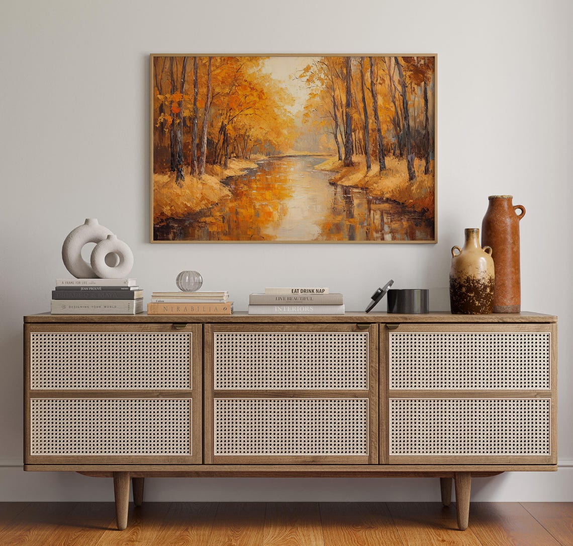 Golden Autumn Forest River Landscape Rustic Nature Art Poster