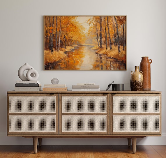Golden Autumn Forest River Landscape Rustic Nature Art Poster