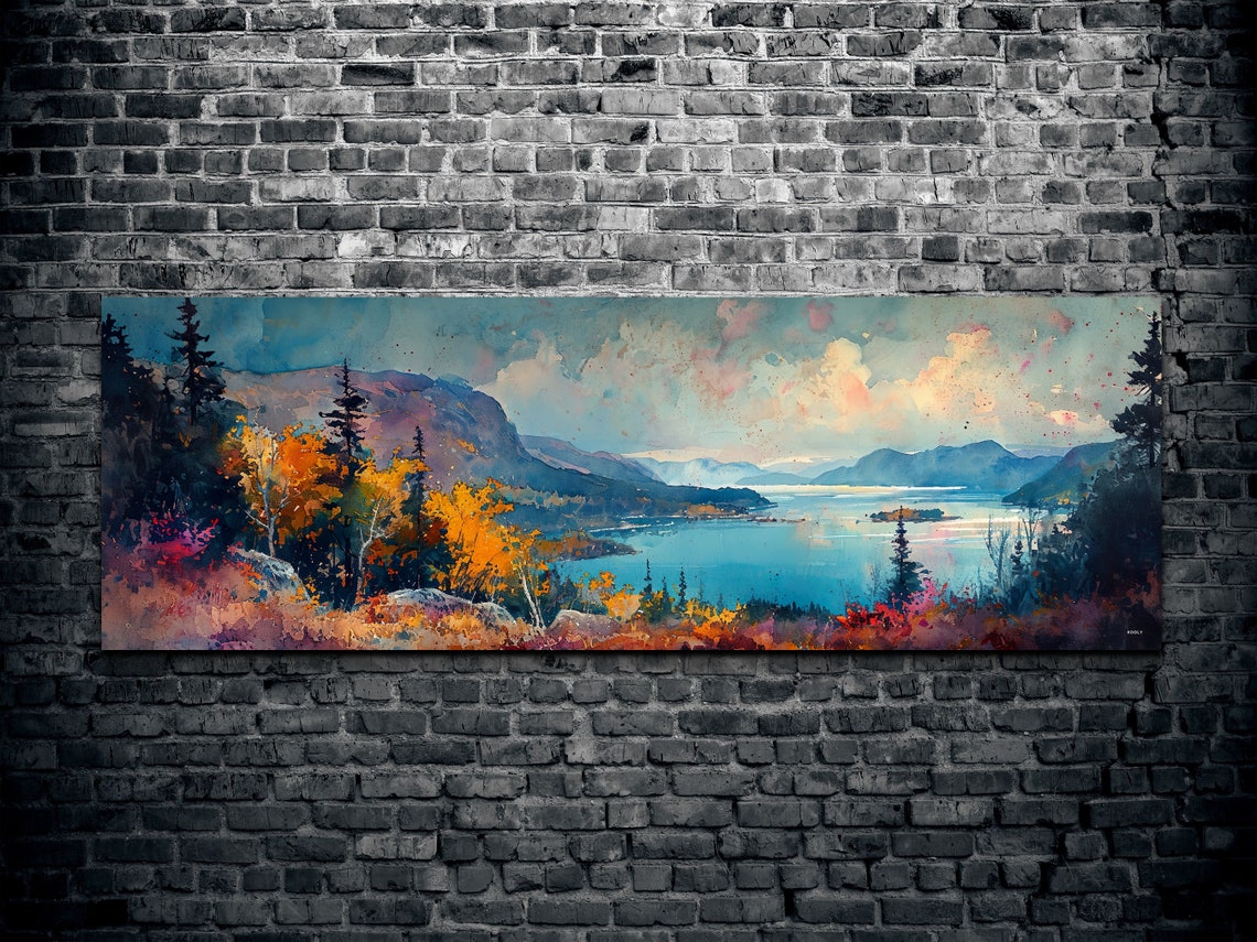 Panoramic Watercolor Mountain Lake Autumn Foliage Landscape Poster - Image 2