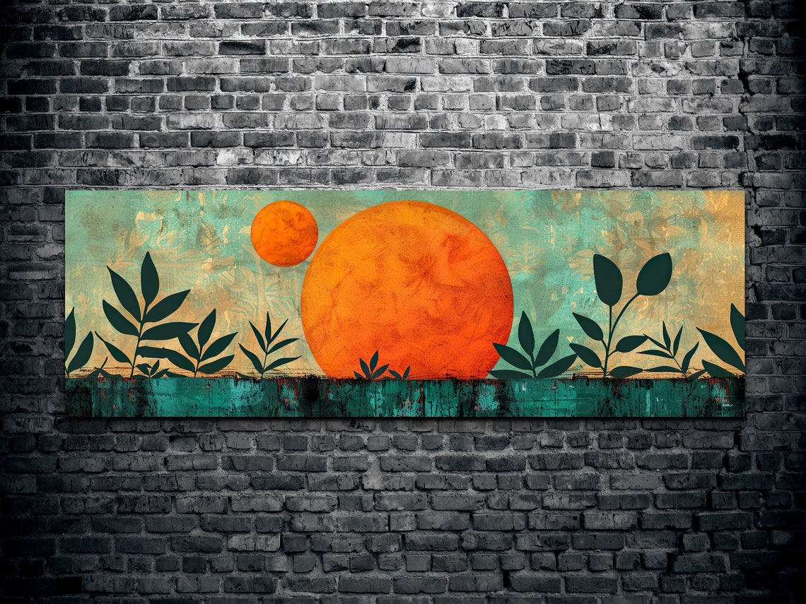 Twin Orange Suns Botanical Silhouette Teal Mid Century Modern Wall Art - Image 2