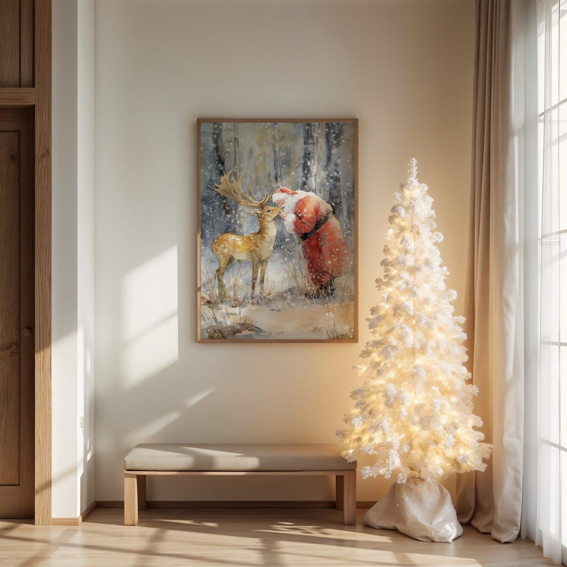 Santa Kissing Reindeer In Snowy Winter Forest Watercolor Poster