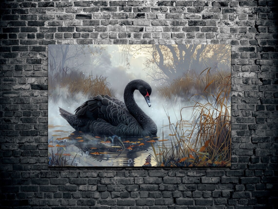 Black Swan in Misty Reeds on Autumn Lake Wildlife Art Poster - Image 2