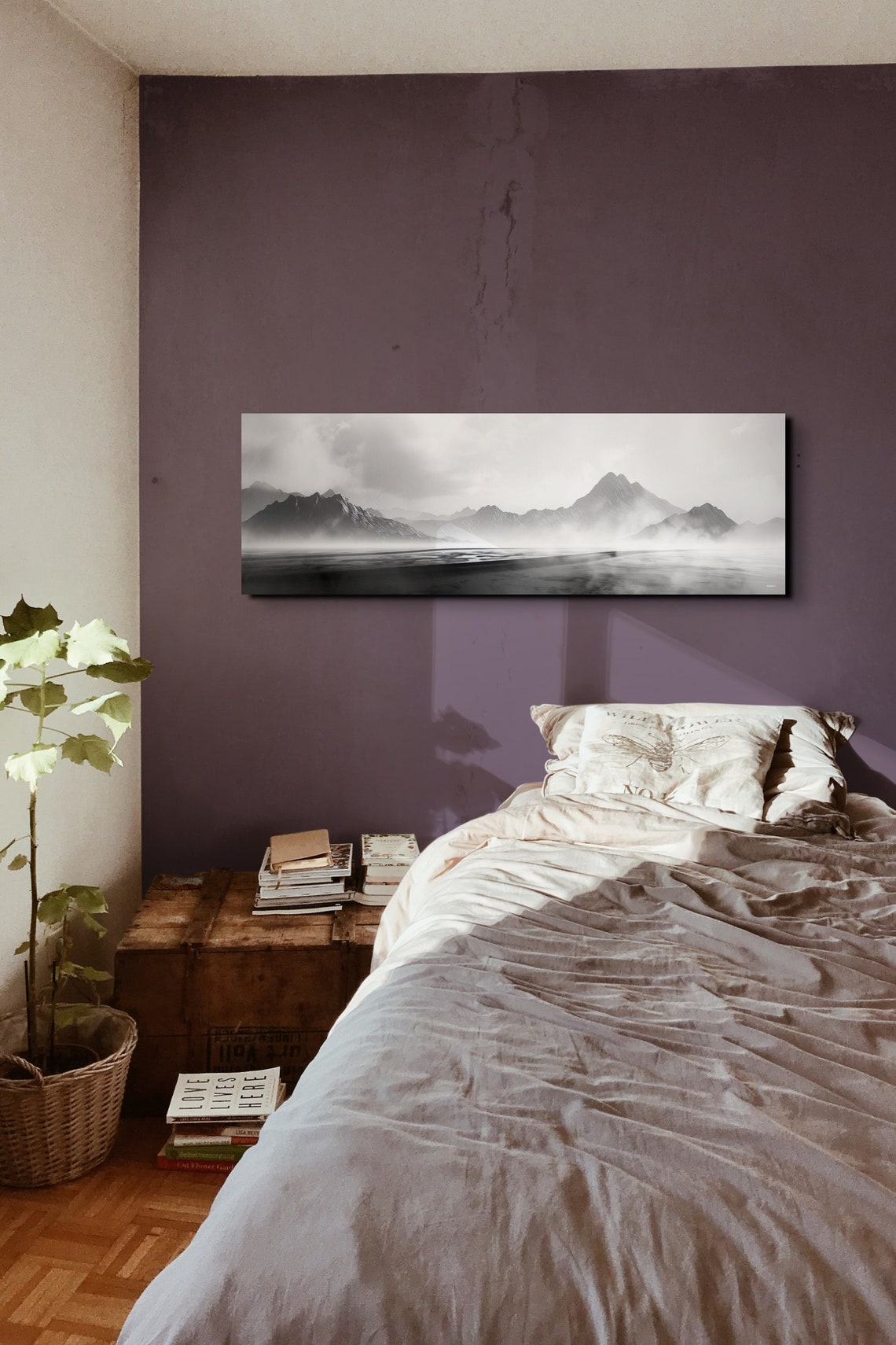 Black And White Moody Misty Mountains Over Still Water Poster - Image 3