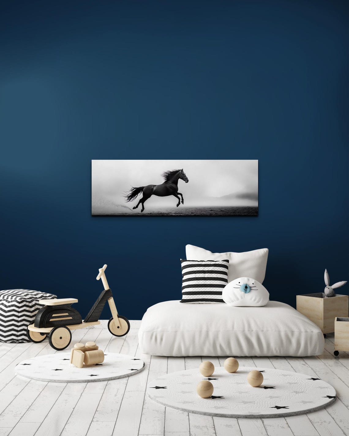 Black Horse Galloping Monochrome Misty Field Dramatic Art Poster - Image 6