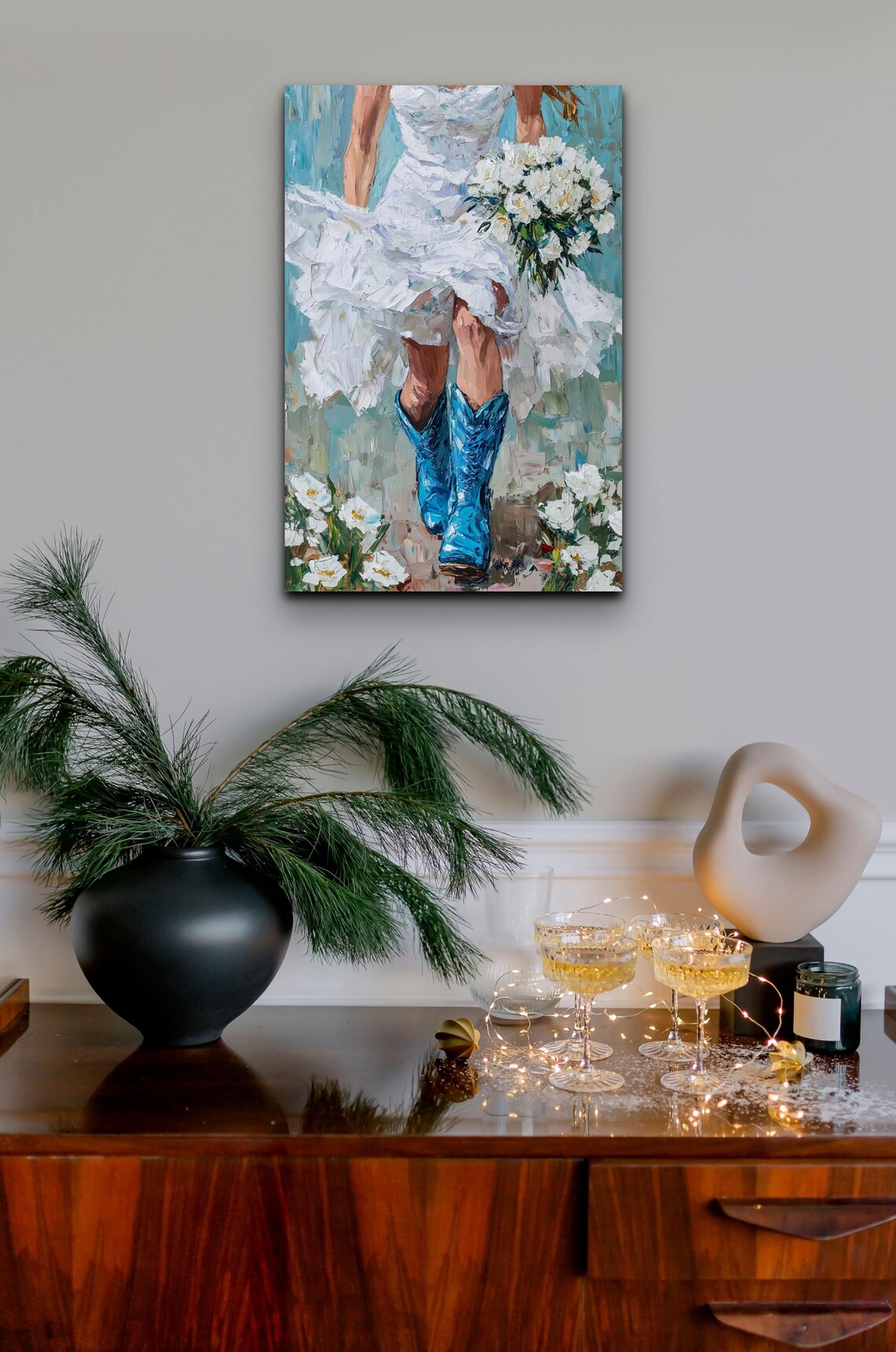 Cowgirl Blue Boots White Dress Daisy Bouquet Western Art Poster - Image 4