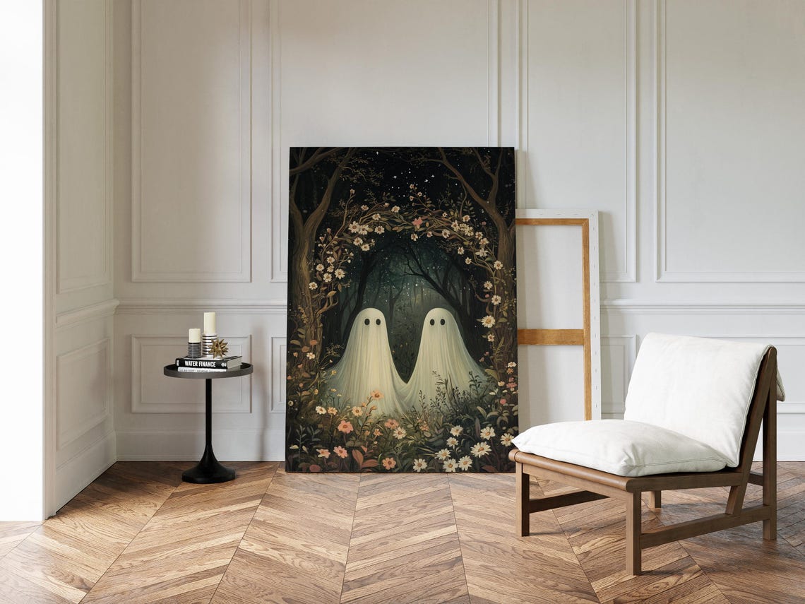Ghost Couple Under Starry Floral Arch In Dark Enchanted Forest Poster - Image 2