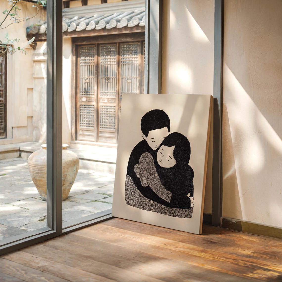 Lovers Embrace Black Ink Couple Hugging Romantic Love Art Poster