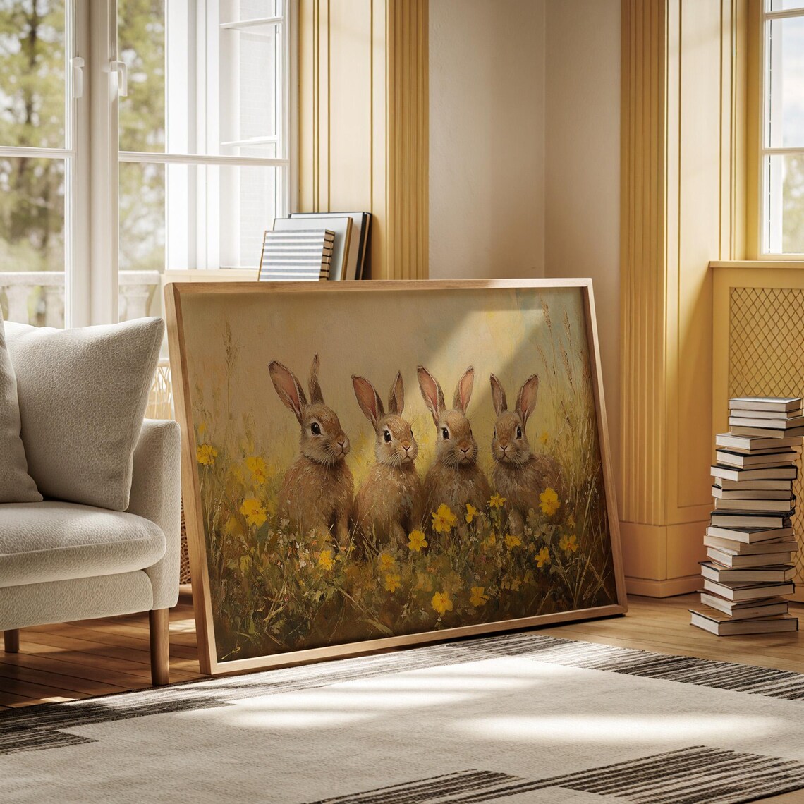 Adorable Rabbits In Meadow, Rustic Spring Art - Image 6