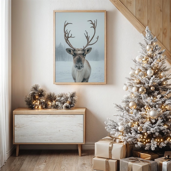 Majestic Reindeer in Snowy Winter Landscape Art Print