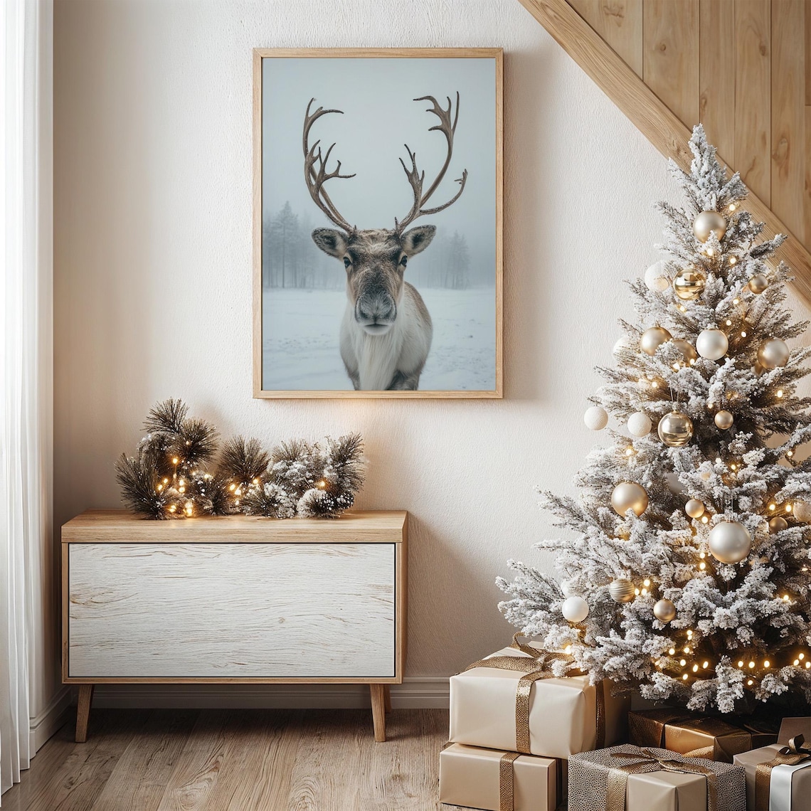 Majestic Reindeer in Snowy Winter Landscape Art Print