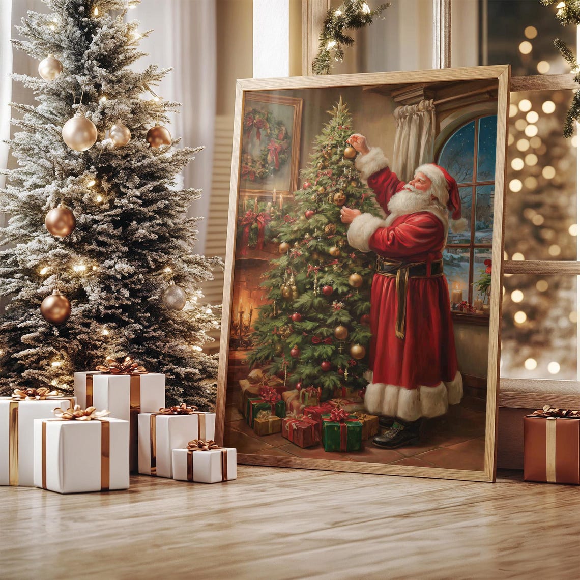 Santa Claus Decorating Christmas Tree in Cozy Living Room Poster