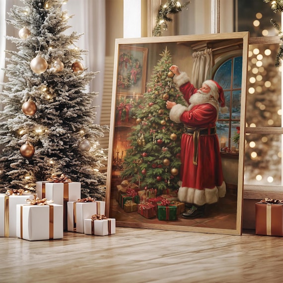 Santa Claus Decorating Christmas Tree in Cozy Living Room Poster