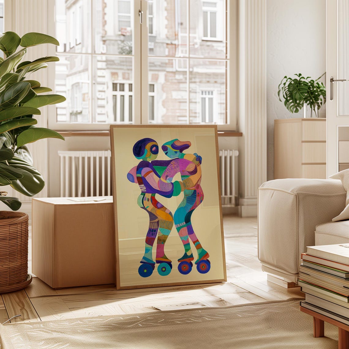 Joyful Colorful Roller Skating Pair Embracing Retro Pop Art Poster