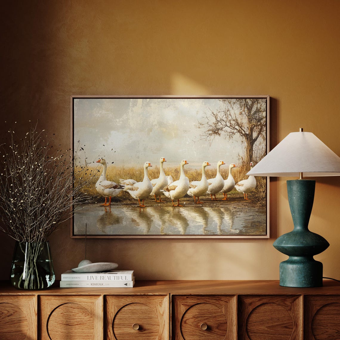 White Geese Standing In Shallow Water Soft Vintage Wildlife Art Print - Image 3