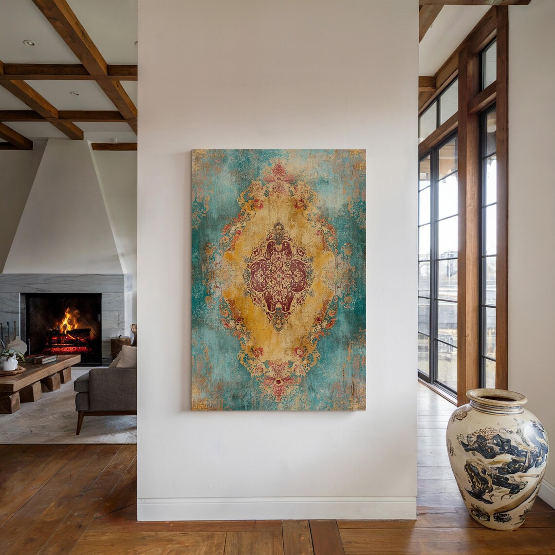 Teal and Mustard Distressed Boho Medallion Mandala Art Poster - Image 4