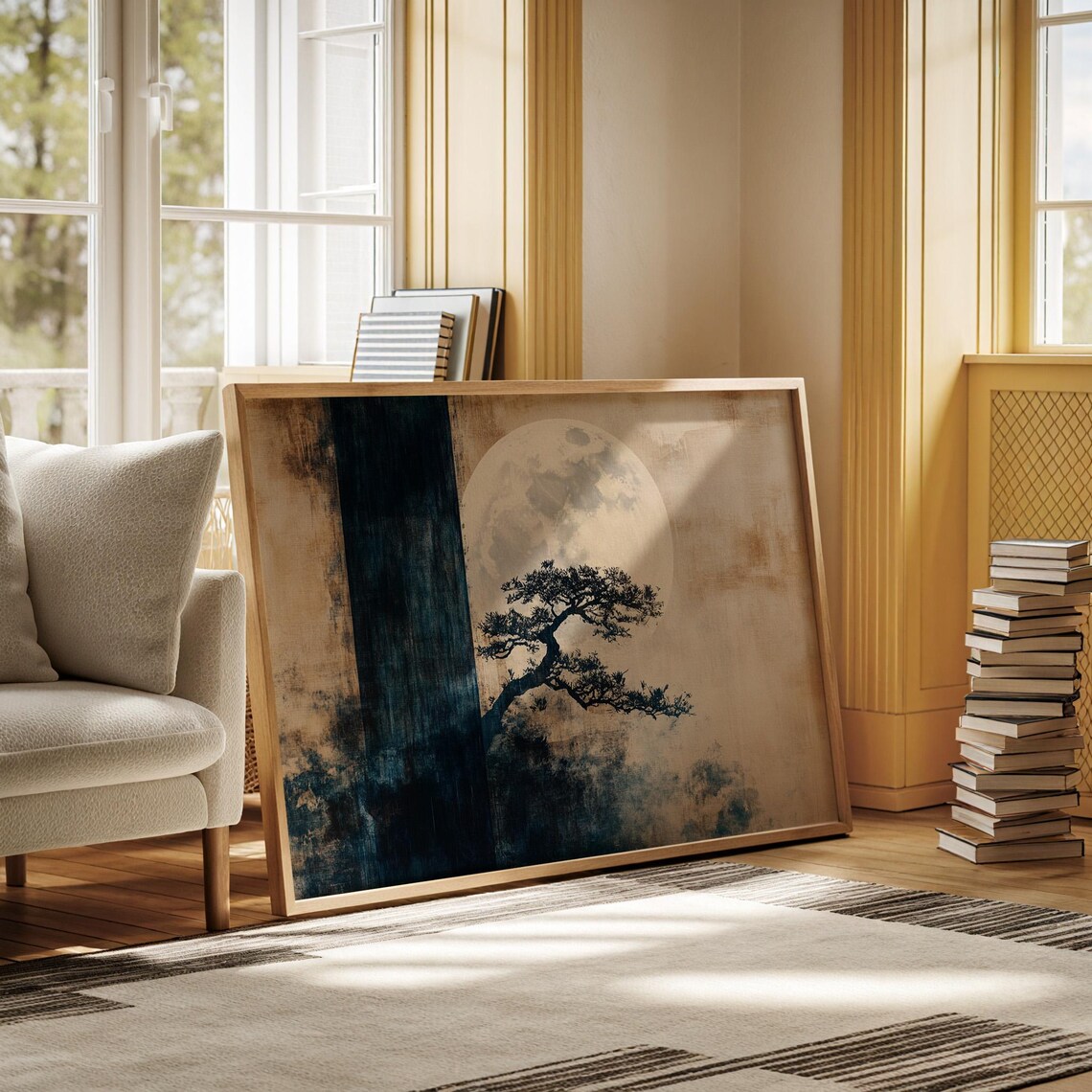 Japanese Zen Pine Tree Full Moon Navy Beige Minimalist Poster - Image 4