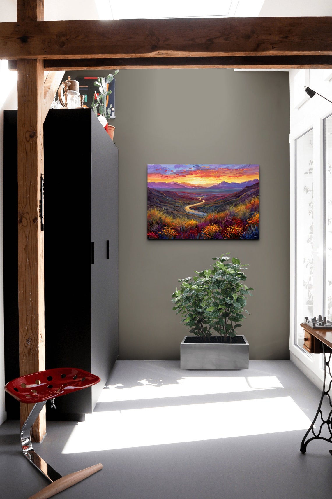 Fiery Sunset Over a River Valley With Wildflower Foreground Poster - Image 6