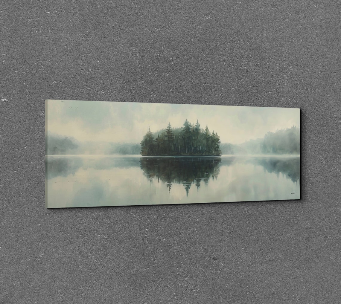 Dark Moody Foggy Lake With Forest Island Panoramic Art Poster - Image 3