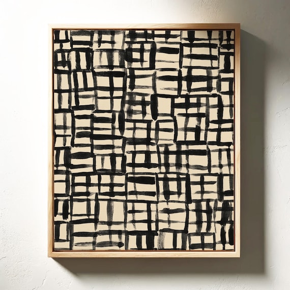 Modern Black Brush Grid Abstract On Beige