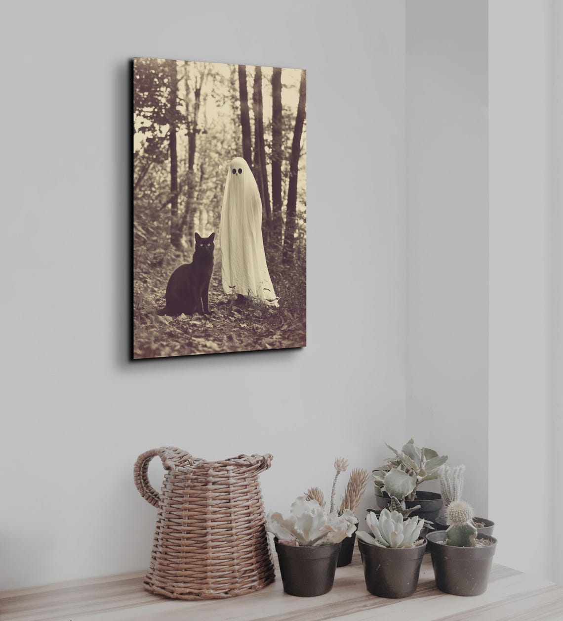 Sepia Ghost and Black Cat Standing Together in an Autumn Forest Poster - Image 3