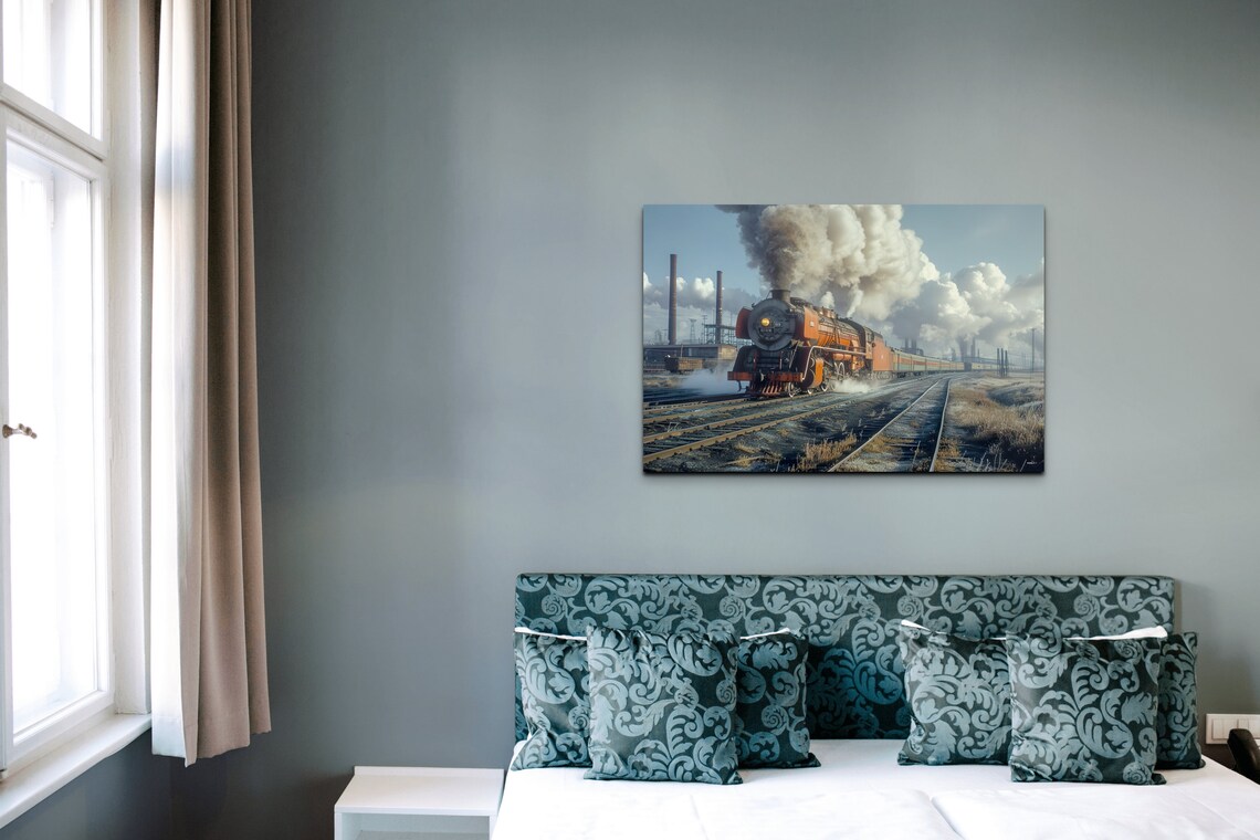Orange Steam Locomotive Billowing Steam Vintage Train Poster - Image 3
