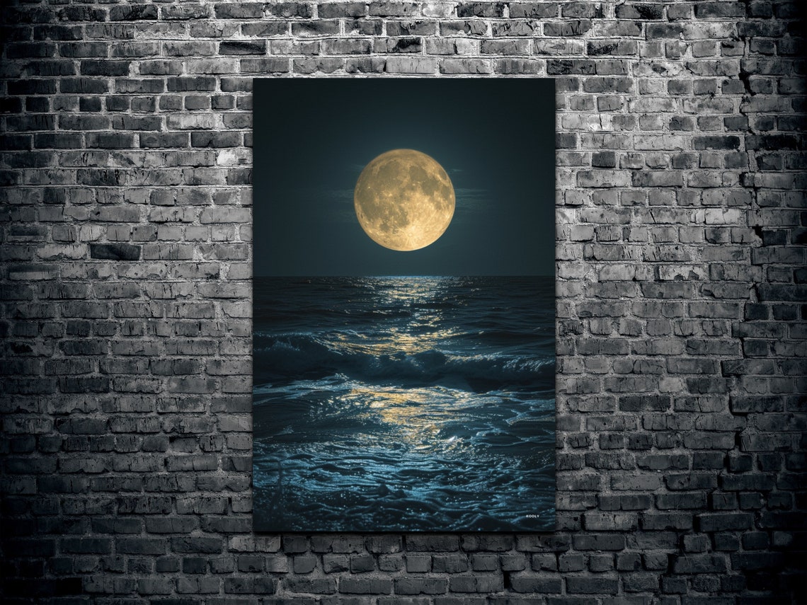 Full Moon Over Ocean Waves Night Sea Photography Panorama Wall Art - Image 2