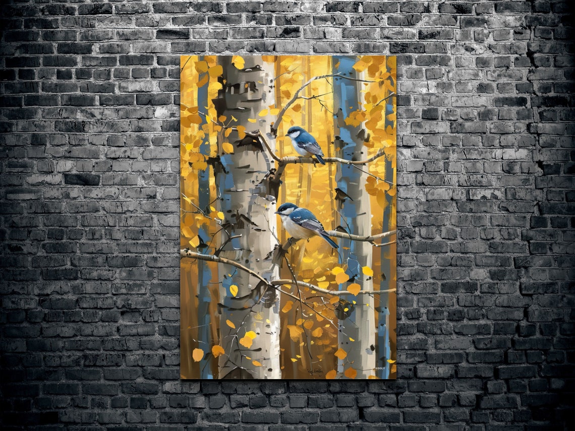 Bluebirds Perched on Aspen Trees with Golden Autumn Leaves Poster - Image 2