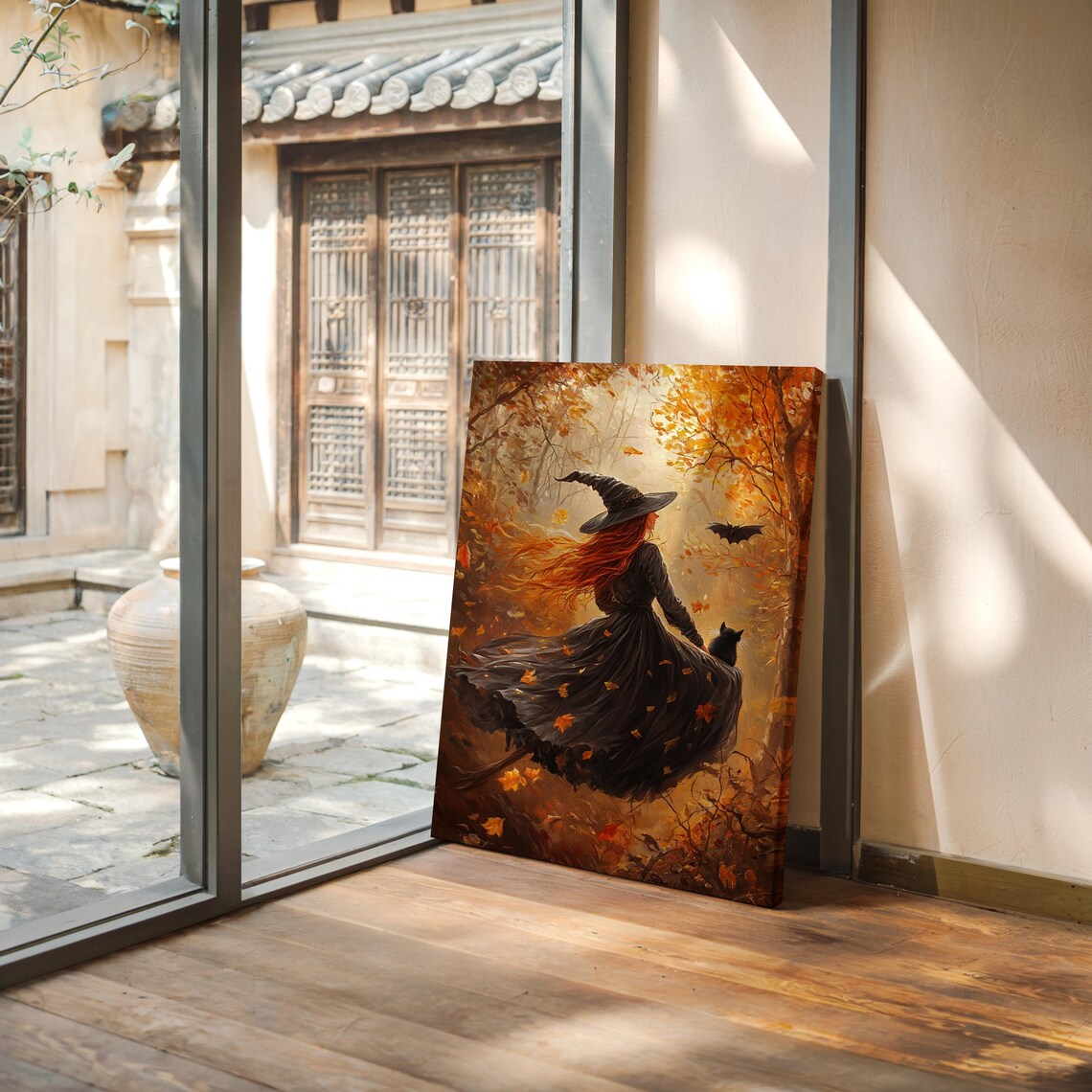 Autumn Witch Flying On Broom With Black Cat Golden Fall Forest Halloween Poster - Image 3