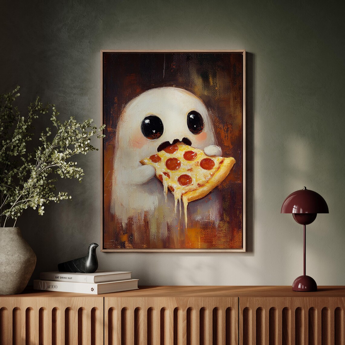 Cute Ghost Eating Pepperoni Pizza Whimsical Halloween Foodie Funny Art Poster - Image 3