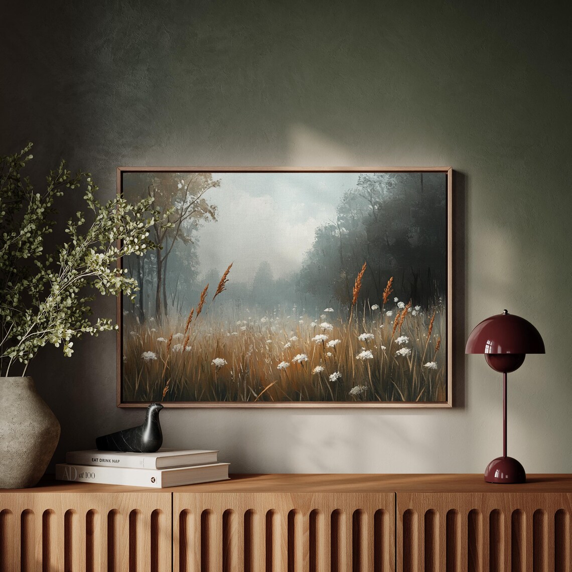 Misty Meadow Wildflowers Golden Grass Soft Foggy Morning Wall Art - Image 3